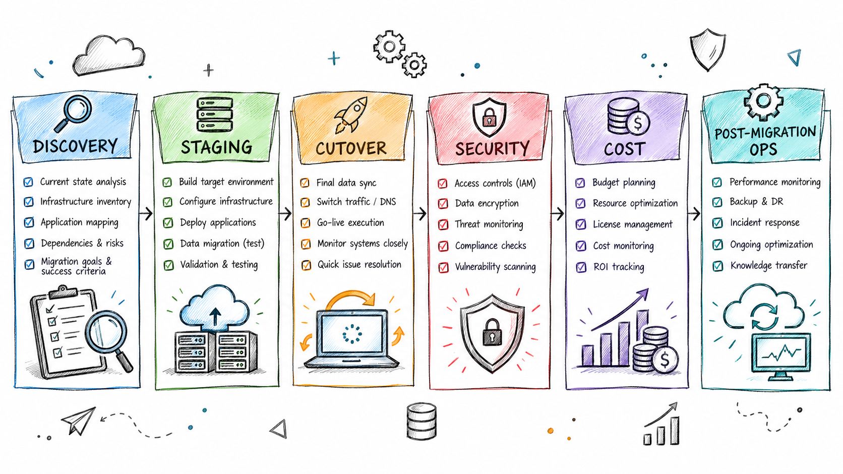 A hand-drawn flowchart illustrating the six key steps of a professional cloud migration process from discovery to post-migration ops.