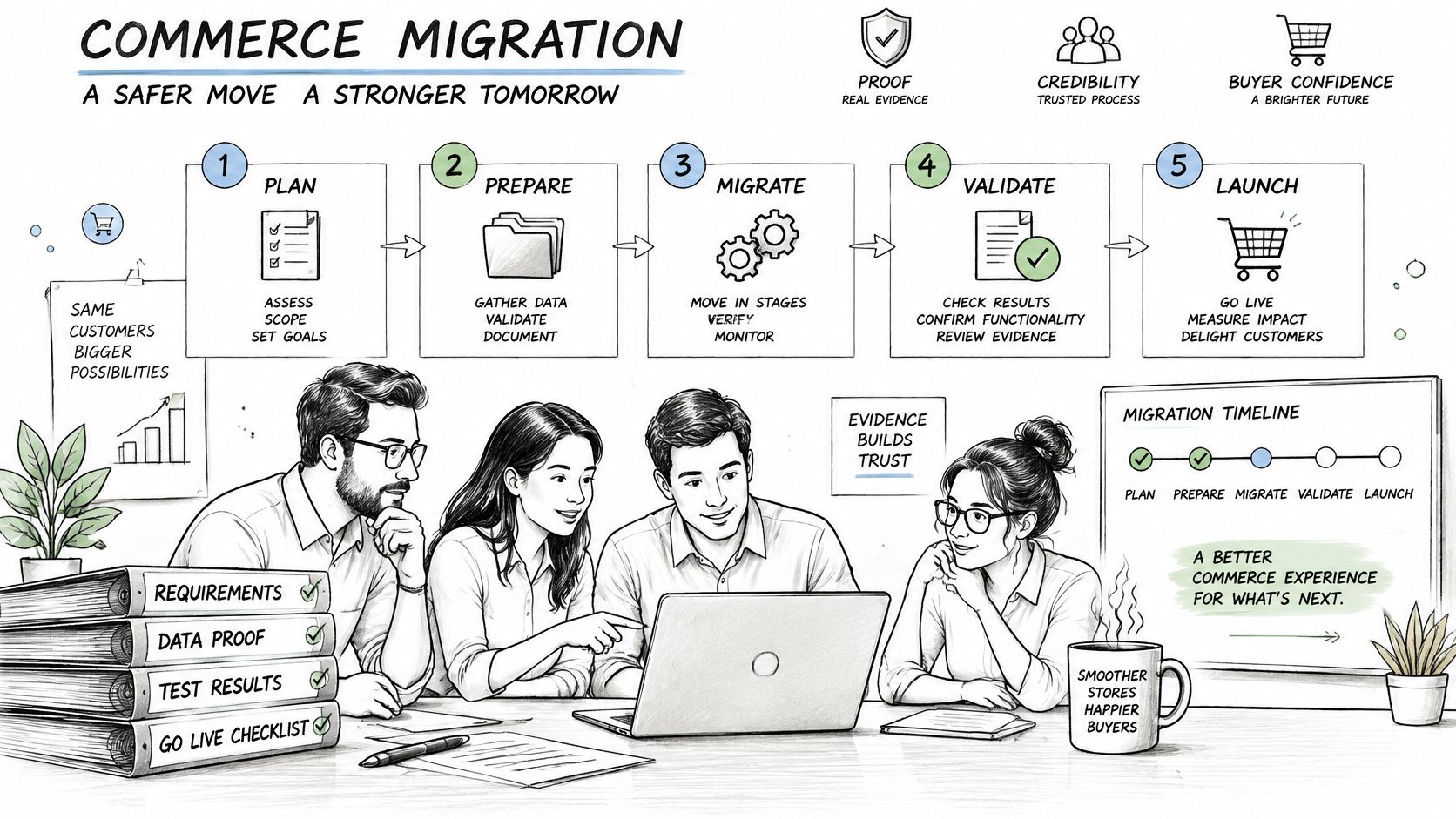 A professional team collaborating on a commerce migration strategy shown through a step-by-step business workflow illustration.