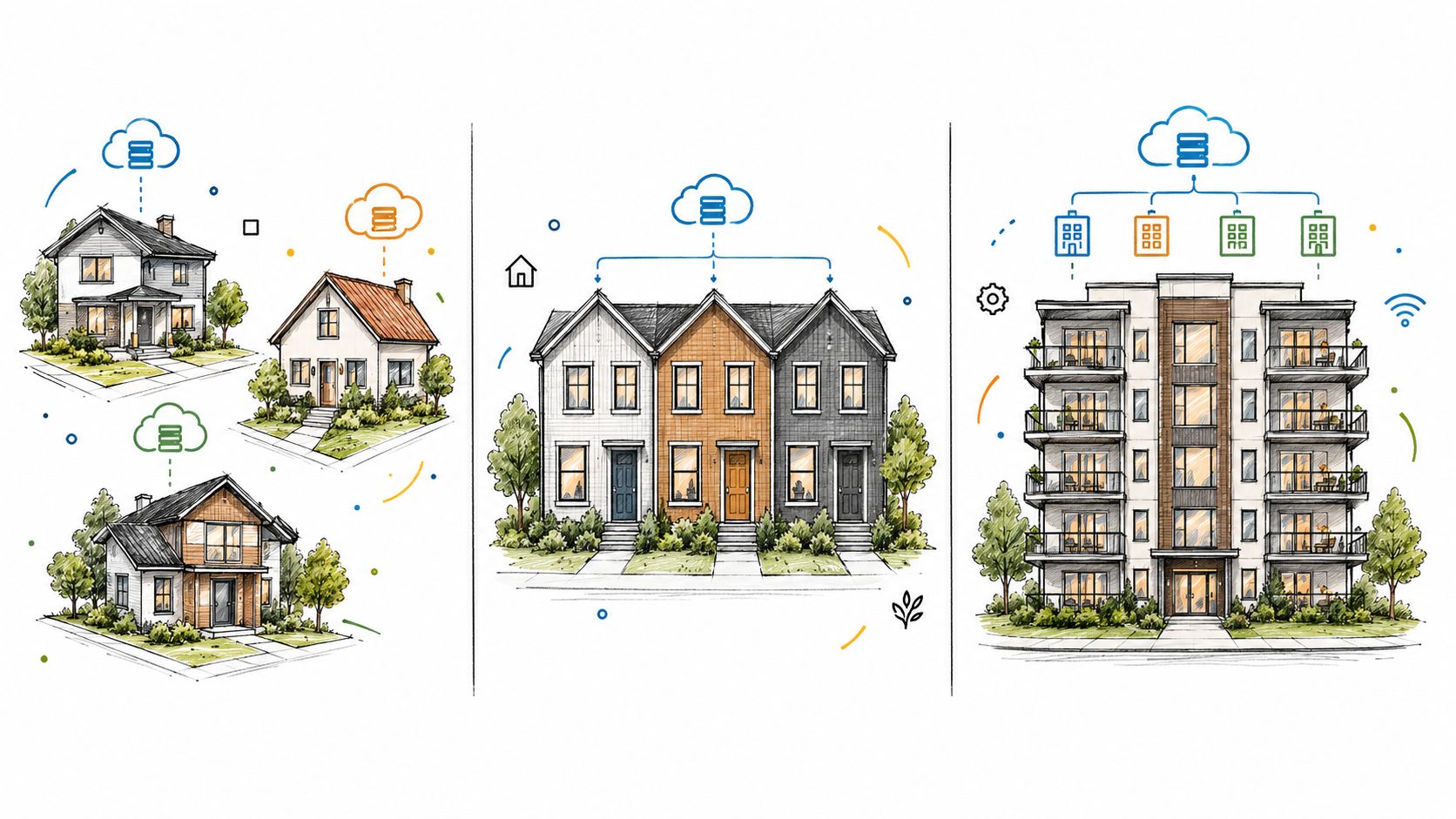 An illustrative sketch comparing three multi-site architectural models: separate houses, connected townhouses, and a unified apartment building.