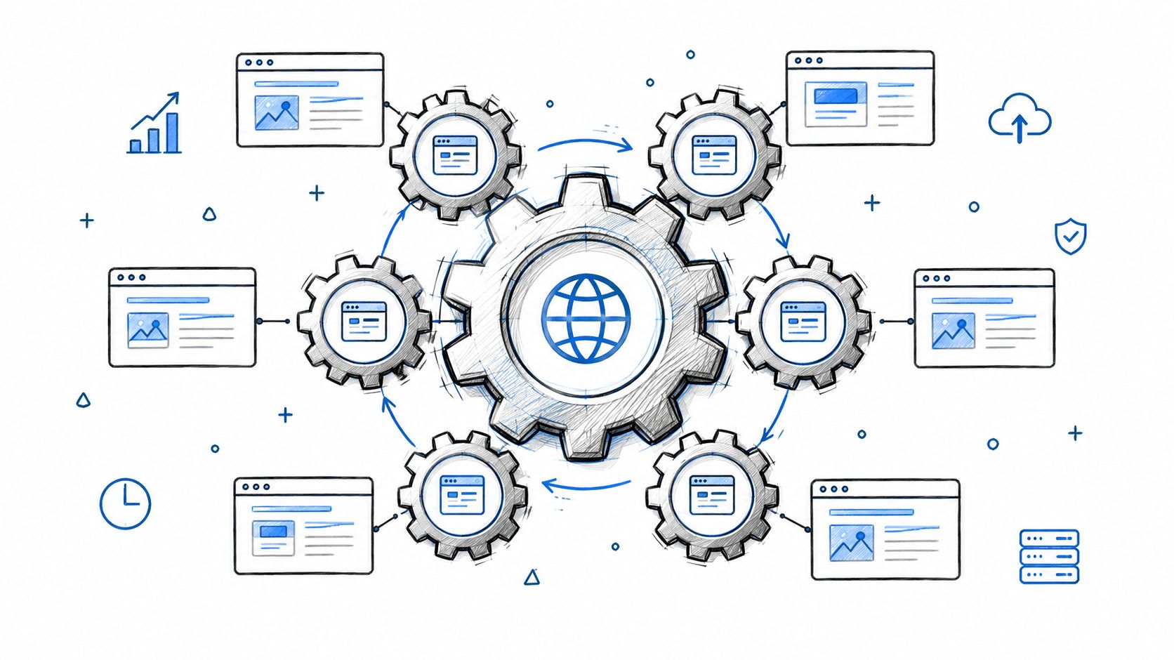 A hand-drawn sketch illustrating operational best practices, with a central gear driving smaller gears to represent standardized workflows.
