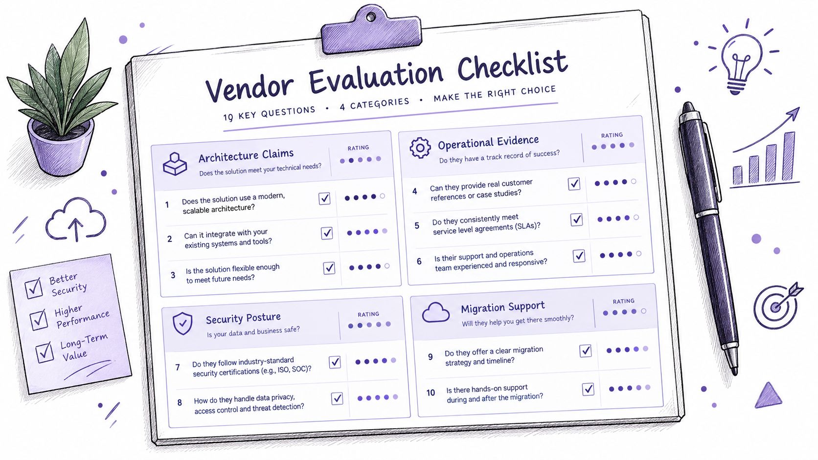 A vendor evaluation checklist document with four categories for assessing business software, displayed on a clipboard.