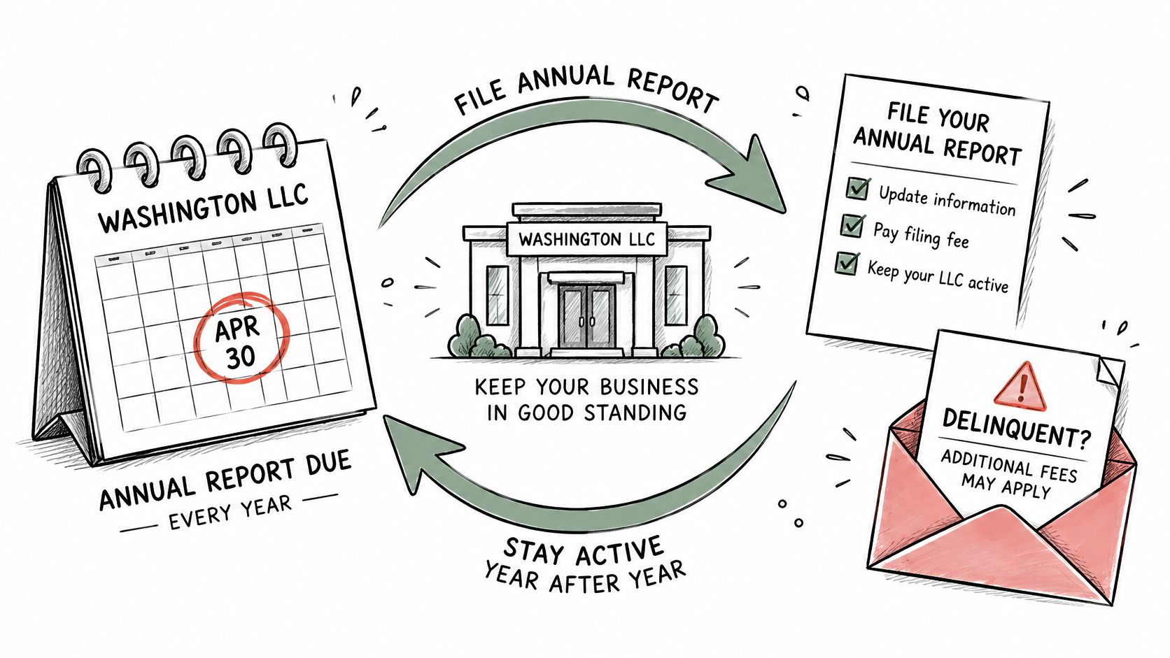 An infographic illustrating the annual reporting process for a Washington LLC to maintain good standing status.