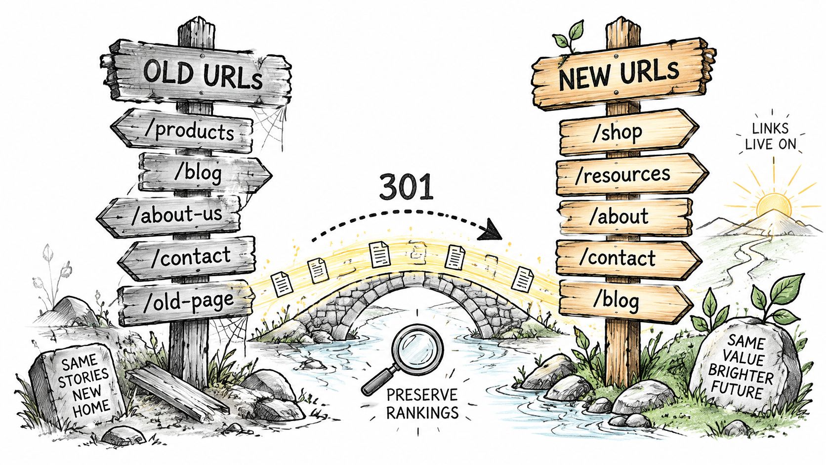 A signpost illustration showing old website URLs redirecting via a 301 bridge to new URL structures.