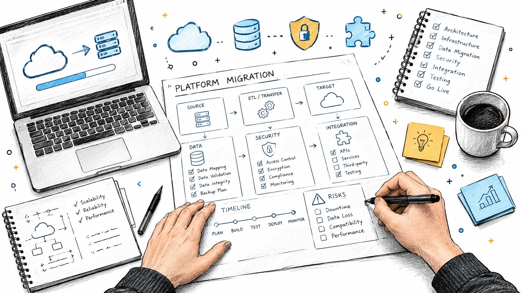 An editorial sketch of a person meticulously planning a digital platform migration with blueprints and checklists on a desk.