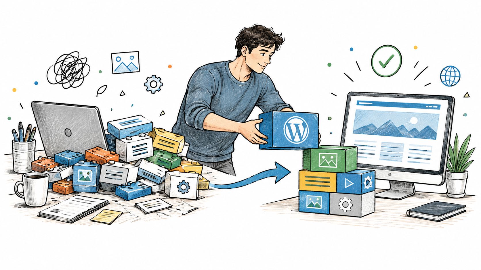 A man assembling WordPress building blocks into a website structure on his computer desk workspace.
