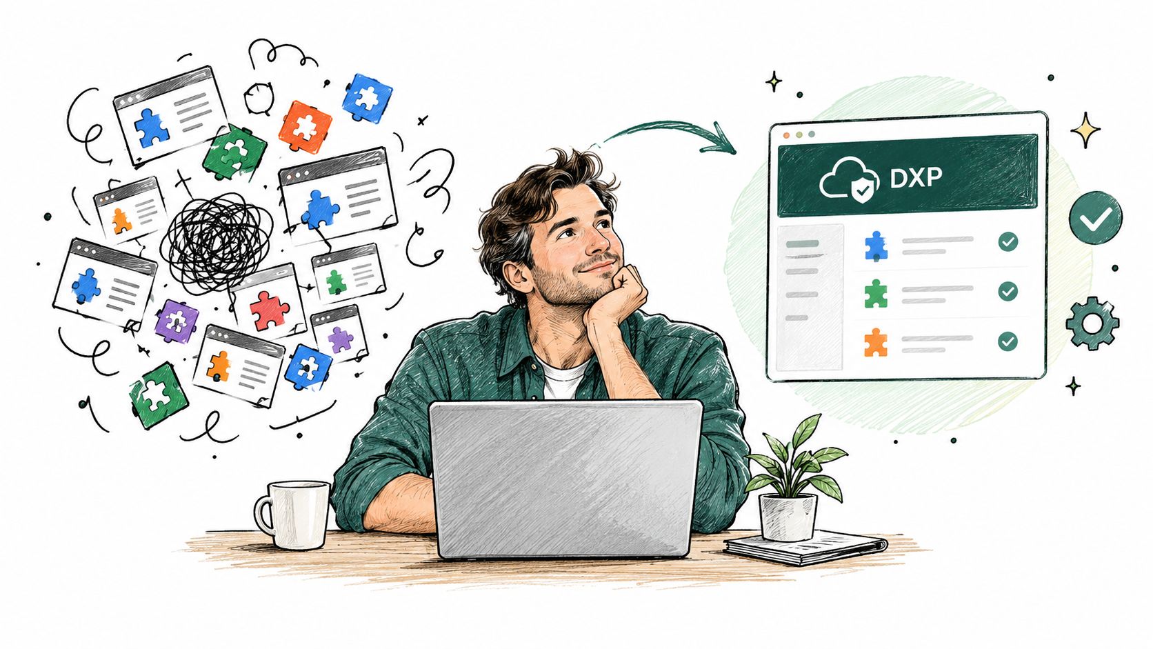 A man at a computer visualizing complex software integration moving towards a streamlined, organized DXP platform.