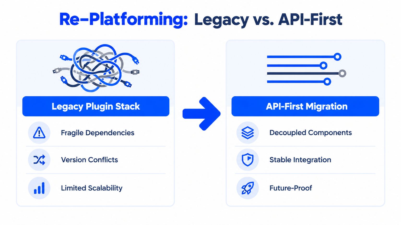 A diagram comparing a chaotic, tangled legacy plugin stack with a streamlined, organized API-first architecture migration.