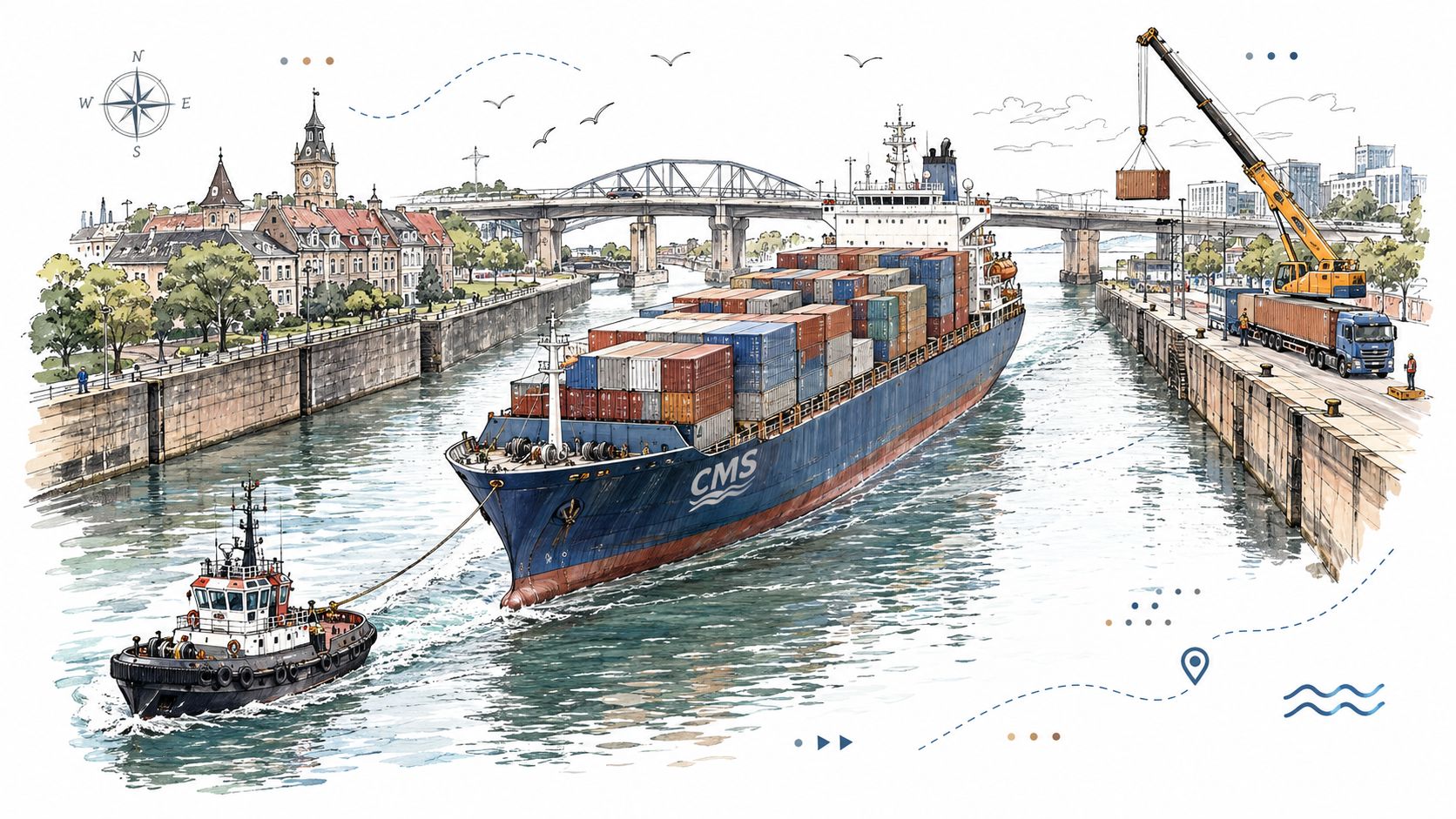 A cargo ship being pulled by a tugboat through a canal near a city with a bridge.