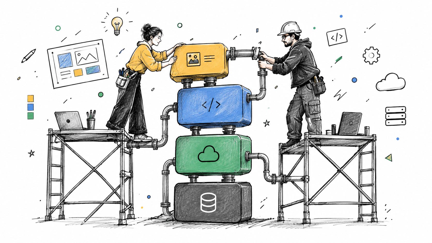 A professional illustration showing two workers constructing a modular technology stack representing a digital experience platform.