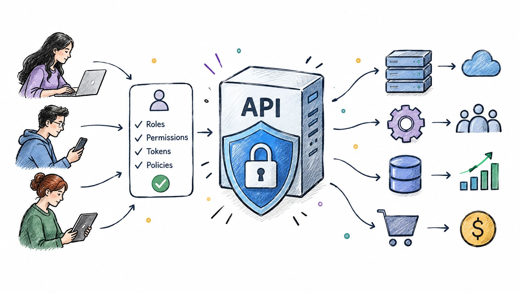 A conceptual illustration of an API security gateway processing user authentication for various enterprise digital services.