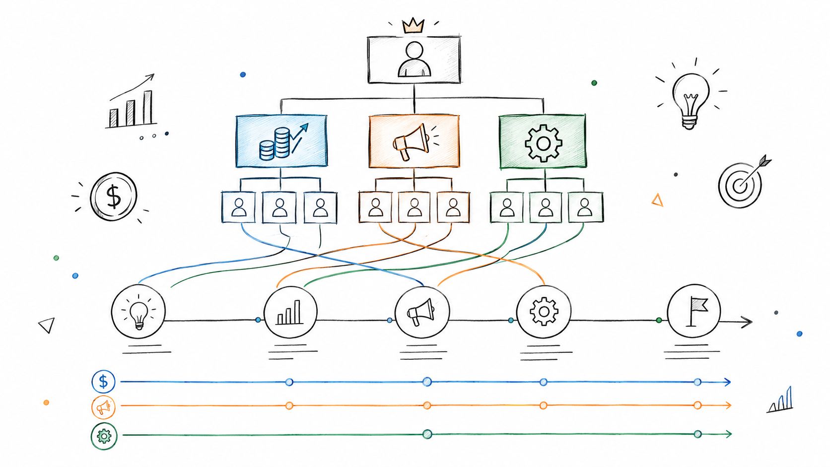 An organizational chart illustration showing hierarchical business departments connecting to a strategic workflow timeline and process steps.