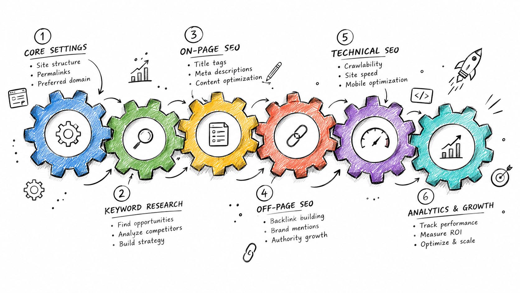 A hand-drawn illustration showing the six core stages of a professional search engine optimization process.