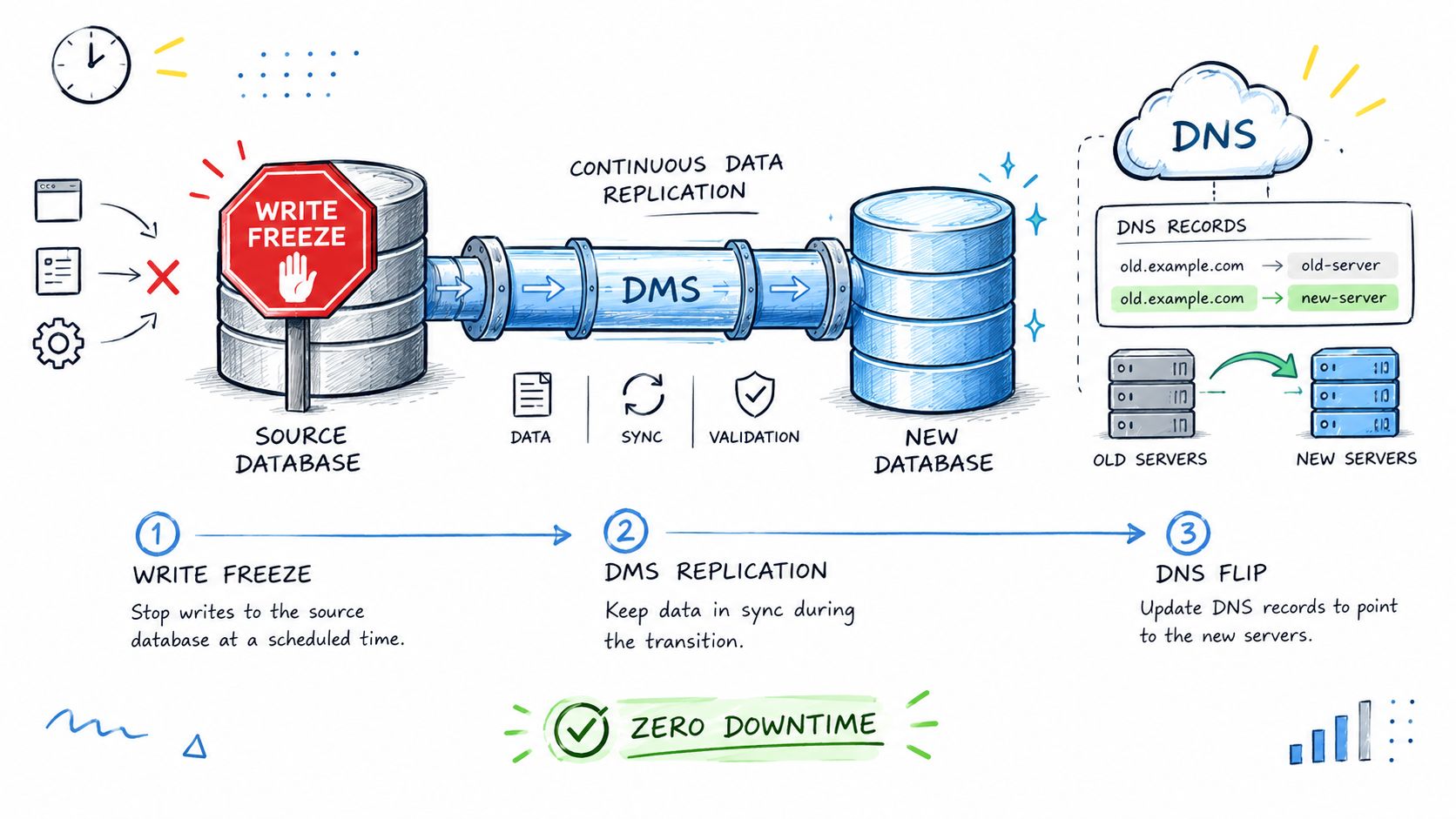 A diagram illustrating a zero-downtime database migration process using AWS DMS for continuous data replication and DNS switching.