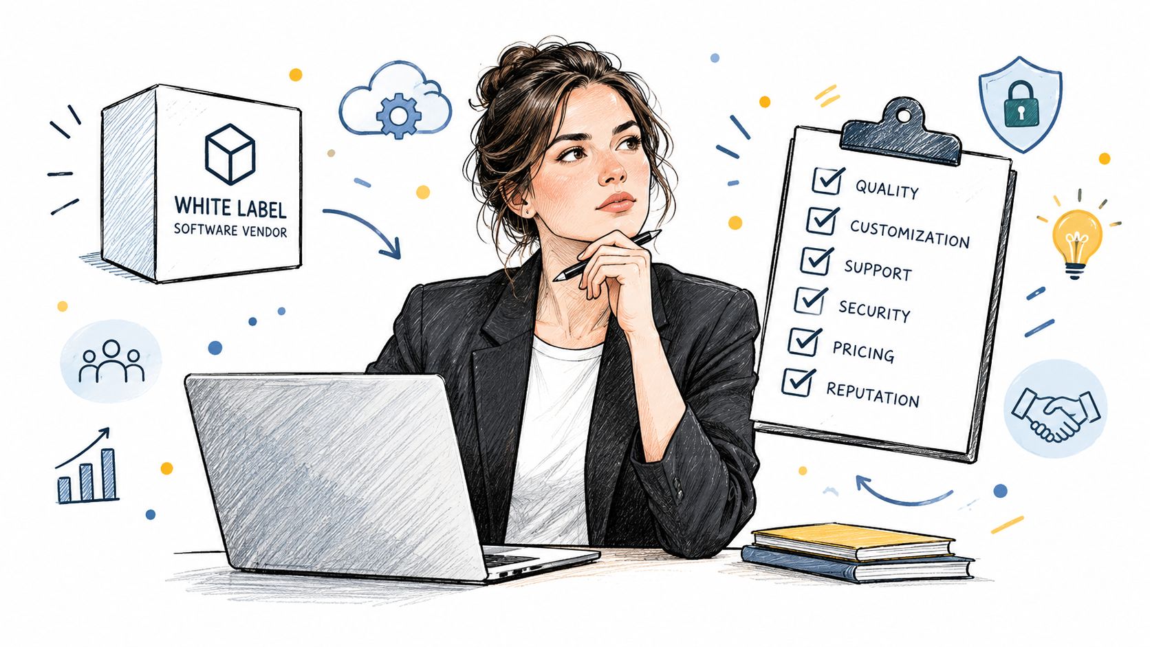 A professional woman in a business suit contemplating choices while selecting white label software vendor services.