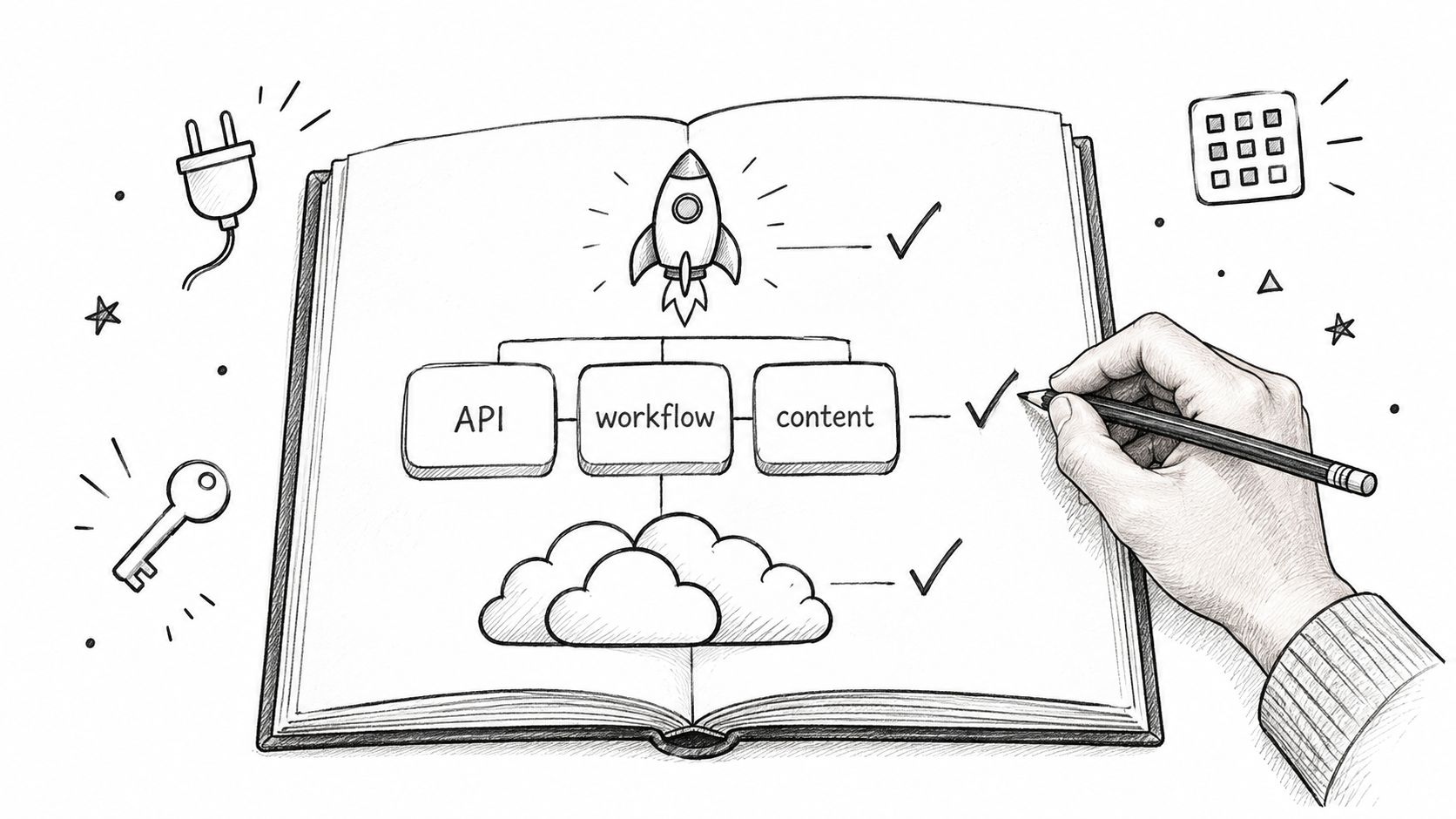A hand sketches a diagram in a notebook with sections for API, workflow, and content with checkmarks.