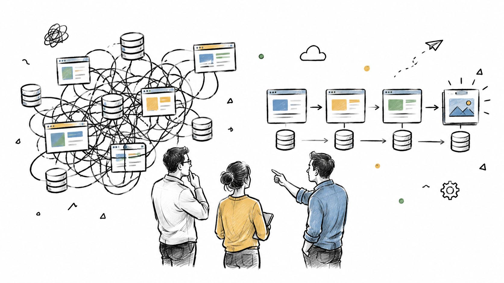 Three people observing a sketch of a disorganized data architecture transitioning into a streamlined, efficient workflow process.