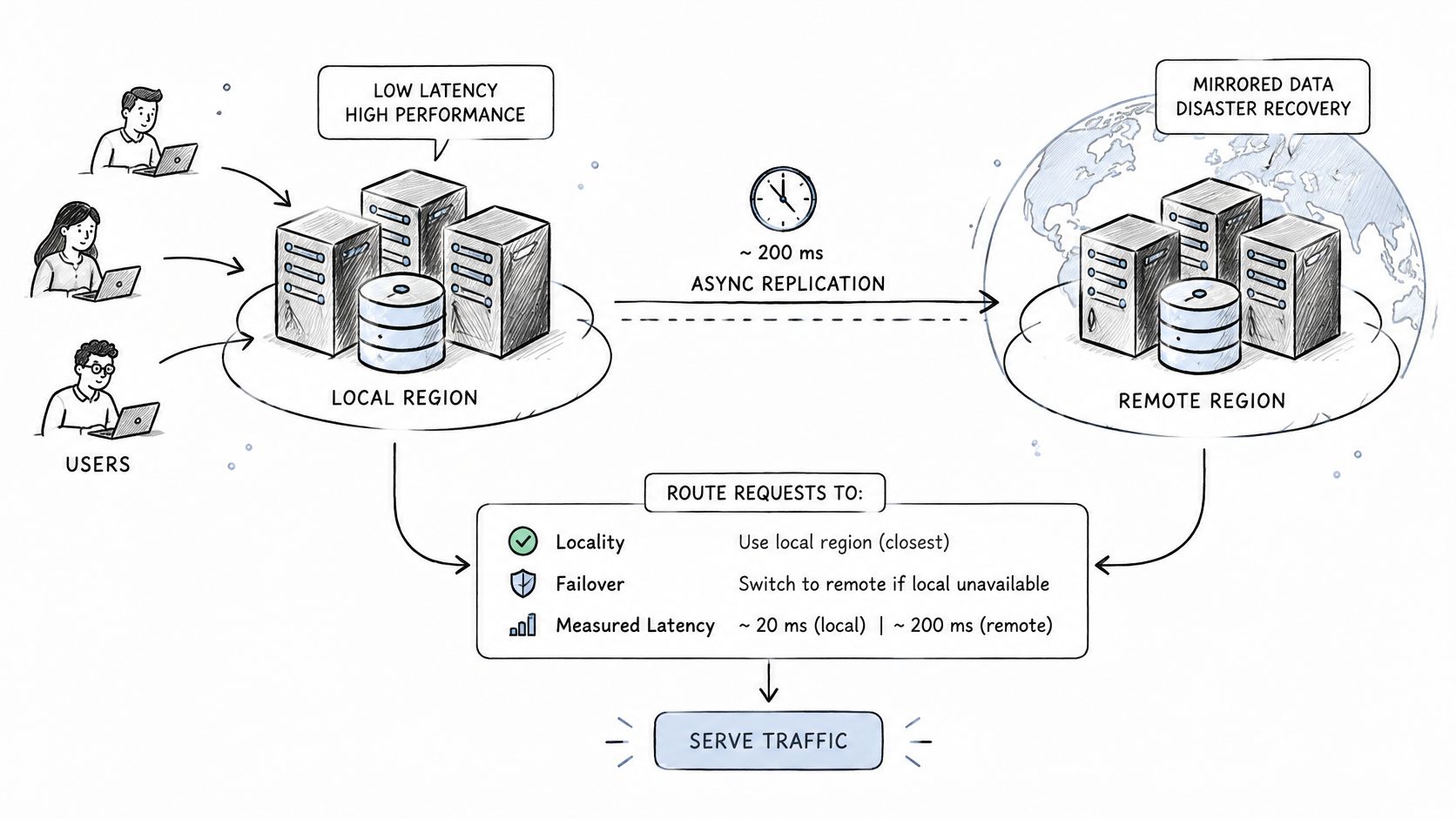 A diagram illustrating a cloud architecture with a local region for performance and a remote region for disaster recovery.