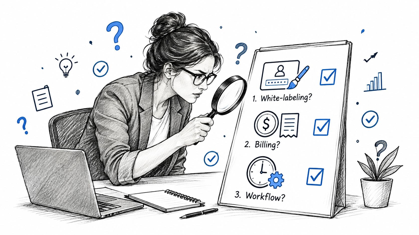 A businesswoman using a magnifying glass to analyze business checklist items including white-labeling, billing, and workflow.