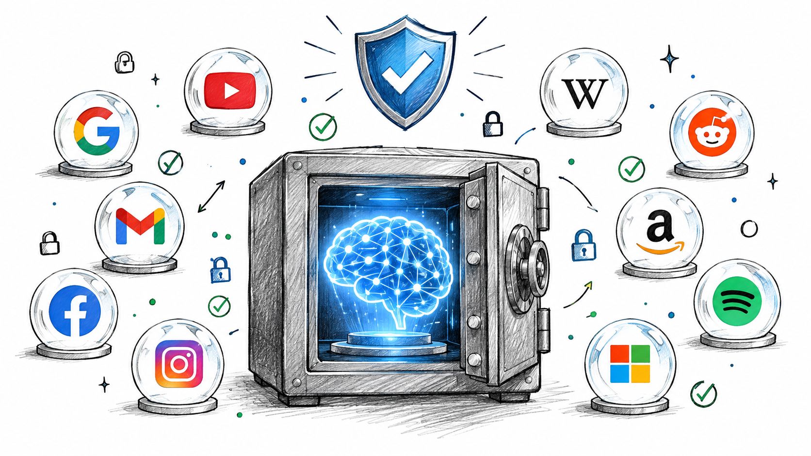 A digital illustration of a glowing AI brain inside a safe surrounded by various popular brand logos.
