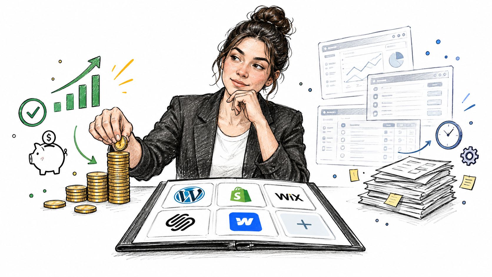 A professional woman planning business growth using an agency management platform with website building tools and analytics.