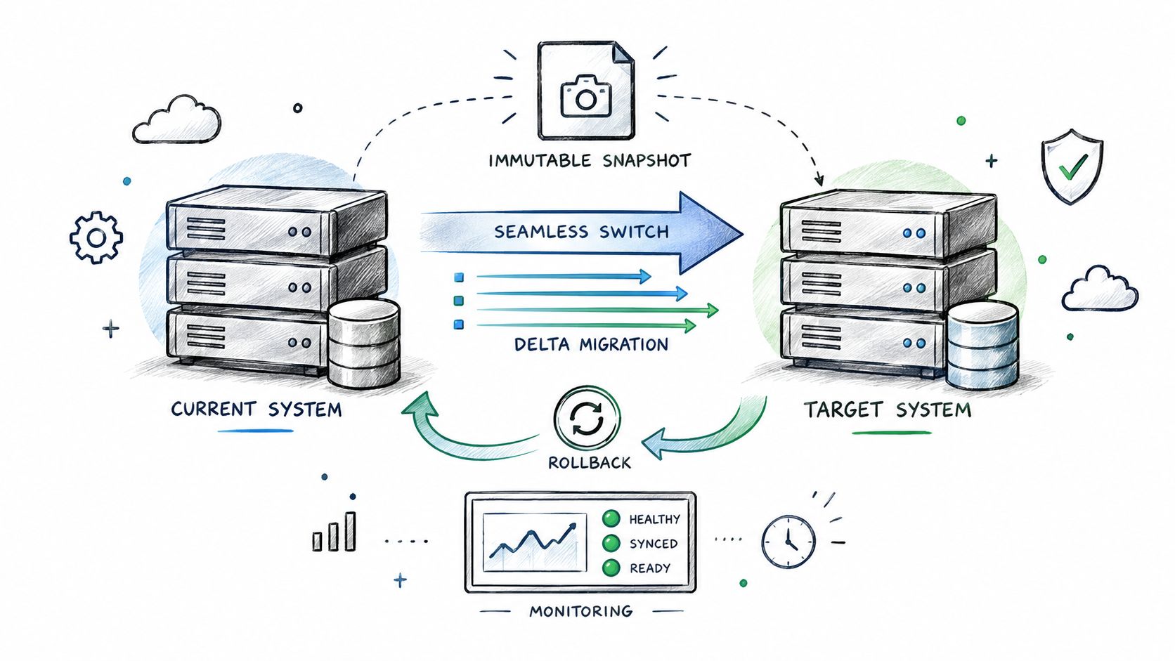 A diagram illustrating a system migration process from current to target infrastructure with snapshots and rollback features.