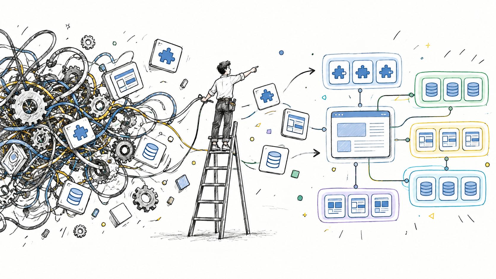 An illustration of a person on a ladder organizing a chaotic system of wires into structured modules.