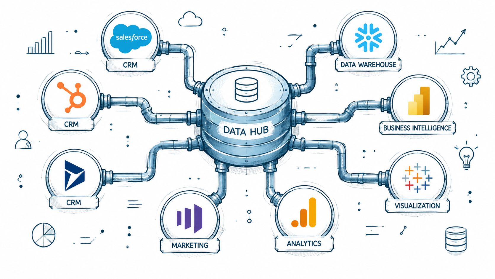 A digital illustration showing a central Data Hub connecting various business software tools through pipes.