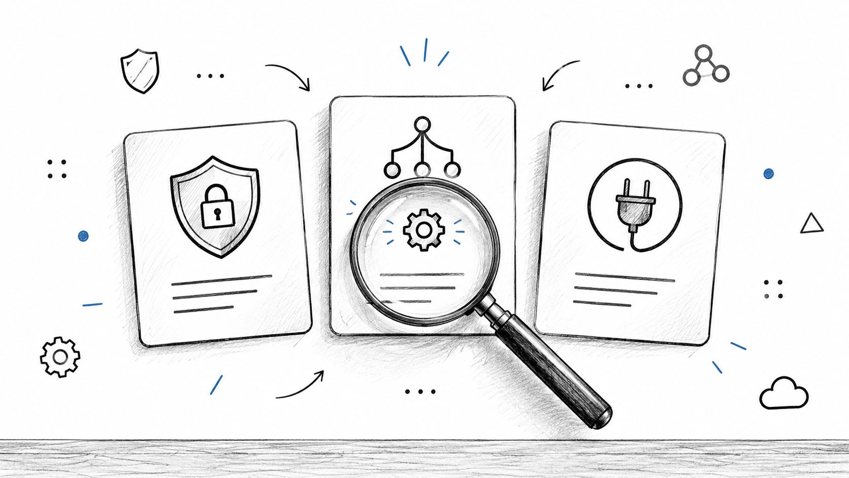 A hand-drawn illustration showing three cards representing security, process analysis, and power connection features.