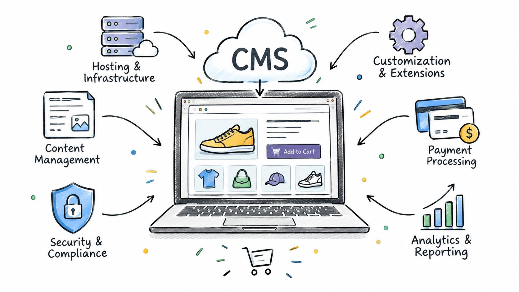 A hand-drawn illustration showing a central laptop screen connected to various e-commerce CMS platform infrastructure components.