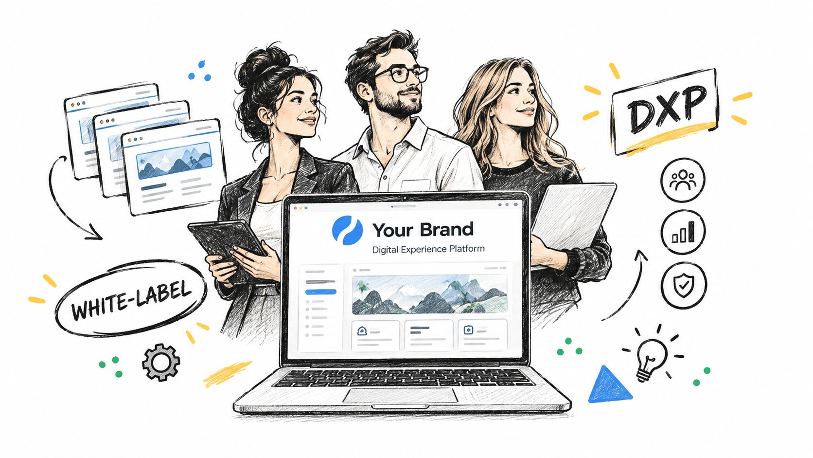 A professional team collaborating on a digital experience platform interface with white-label branding options for businesses.