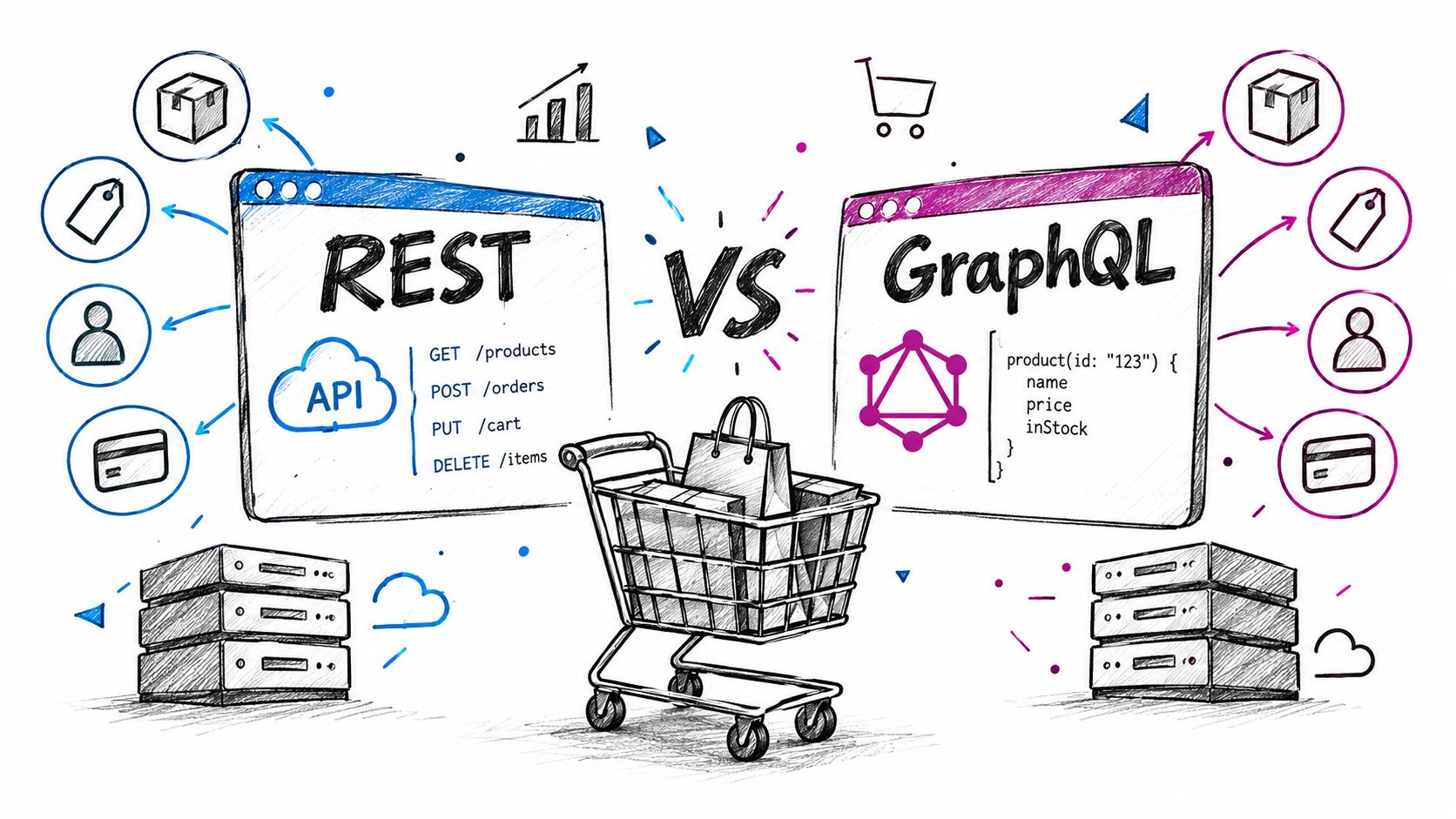 A hand-drawn illustration comparing REST API and GraphQL for ecommerce development with server icons.