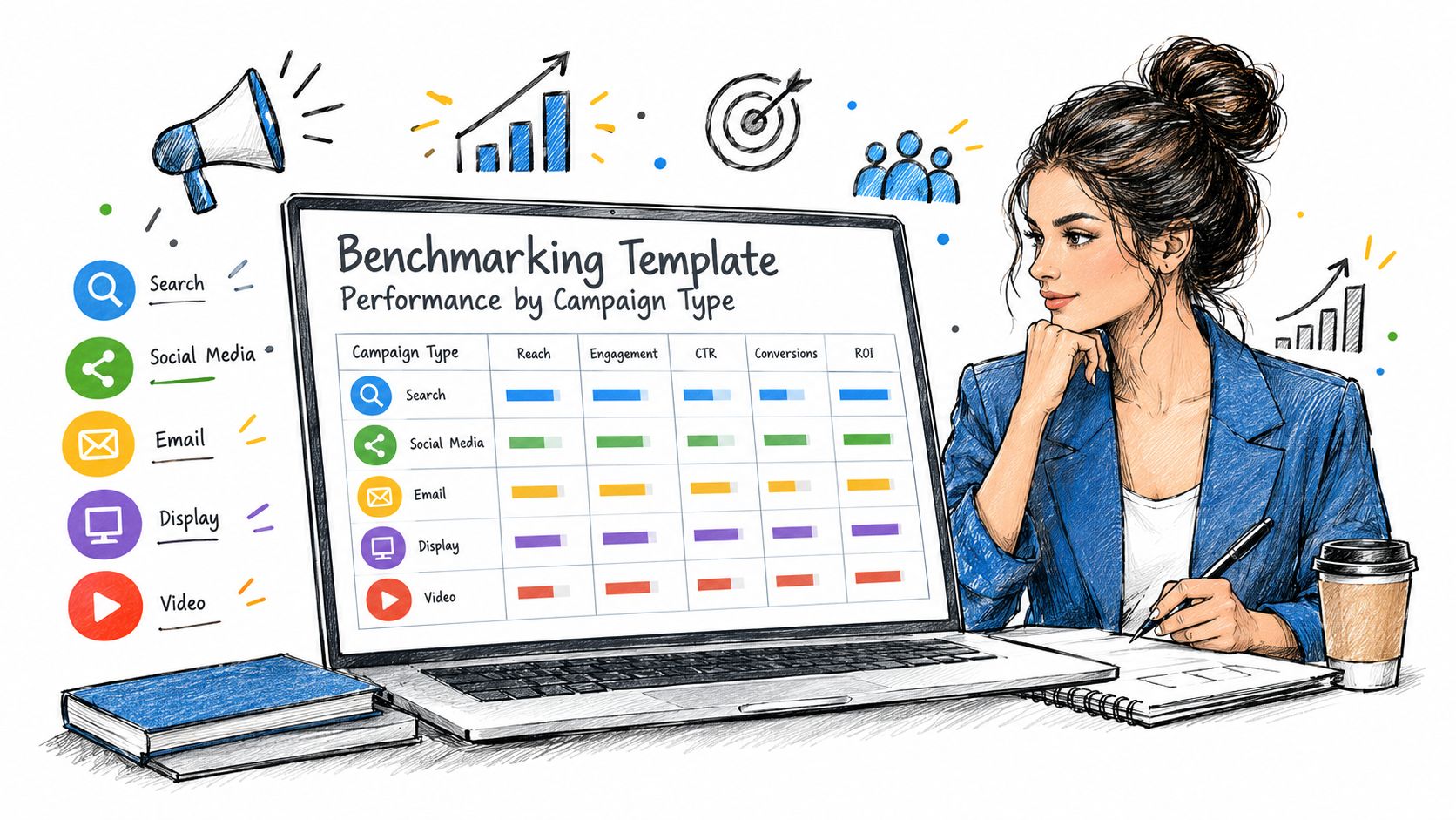 A woman reviewing marketing benchmarking templates on a laptop screen with icons representing various campaign types.