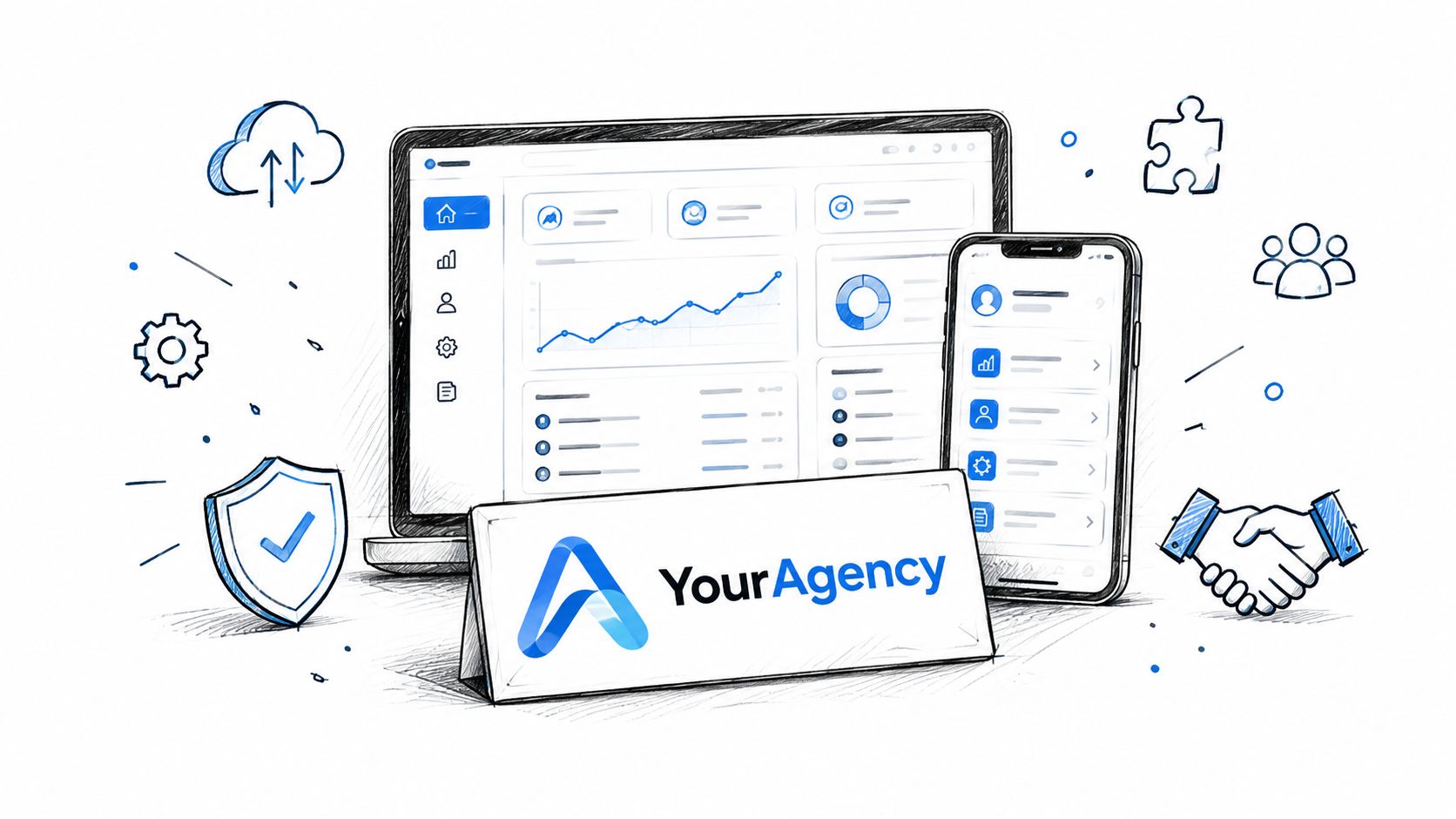 A digital agency platform illustration featuring a laptop, smartphone, icons, and a branded desk sign.