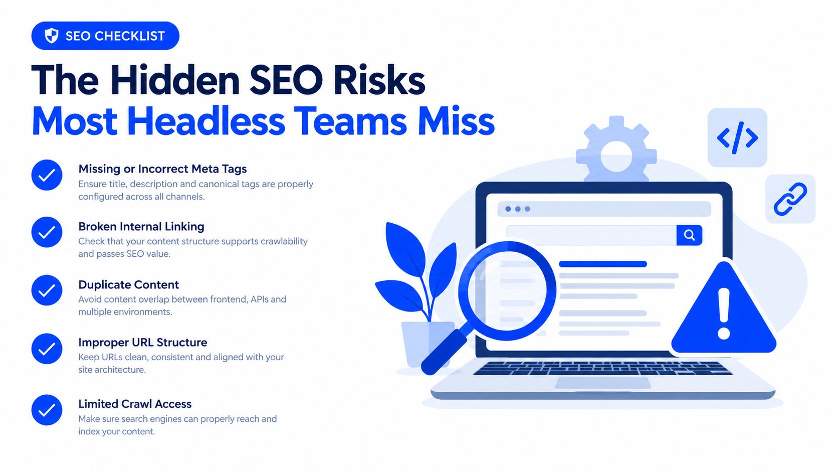 An infographic checklist outlining common SEO risks and technical considerations for headless website development and architecture.