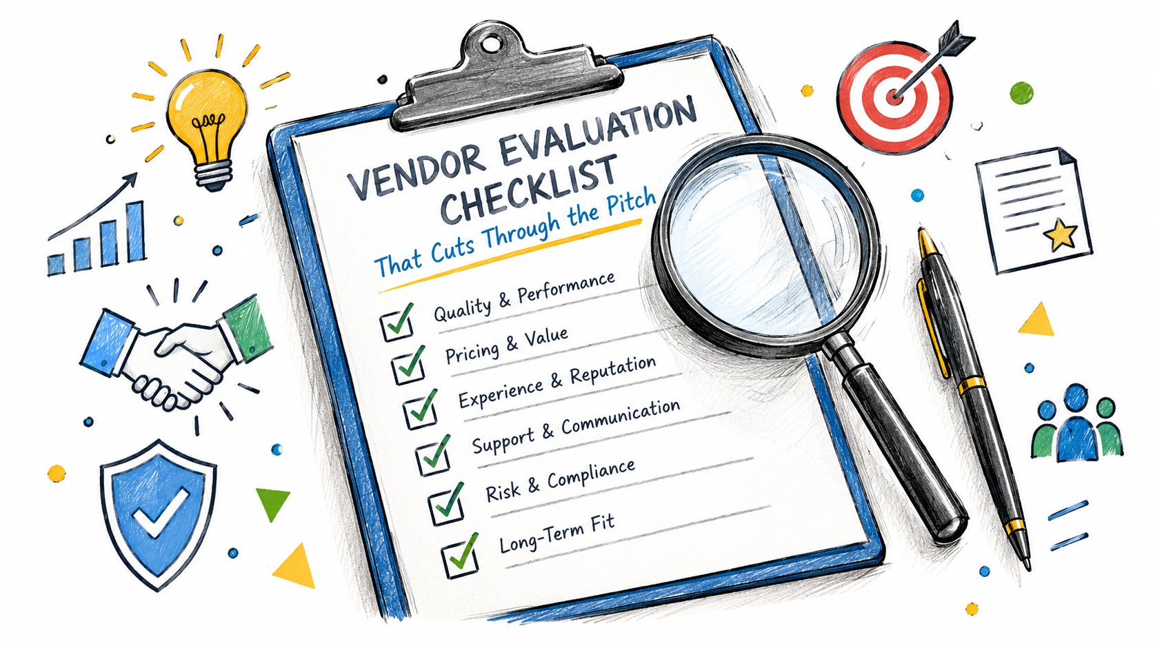 A hand-drawn clipboard titled Vendor Evaluation Checklist featuring six key business criteria with a magnifying glass.