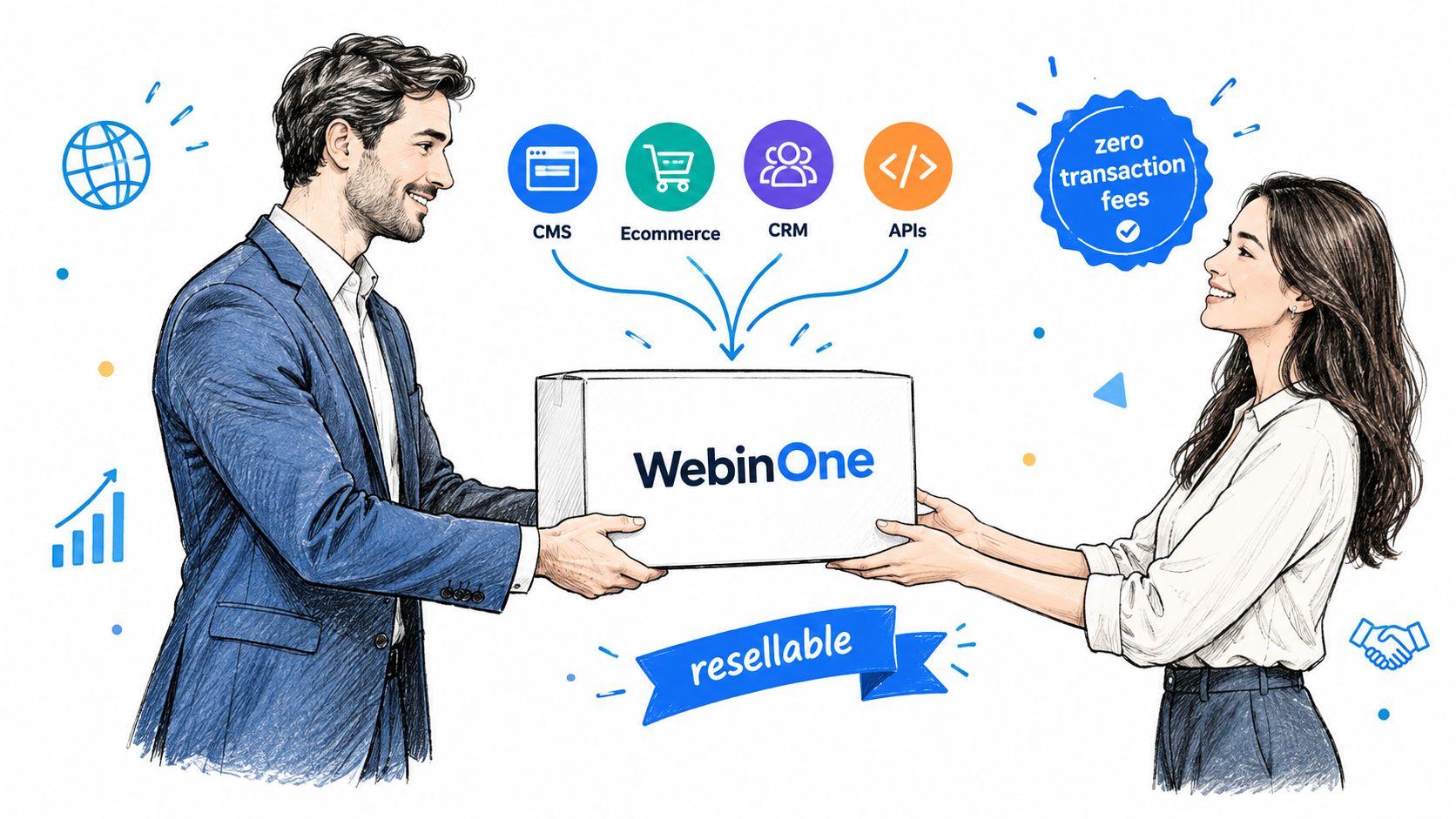 A man in a suit hands a box labeled WebinOne to a woman, representing integrated business software solutions.