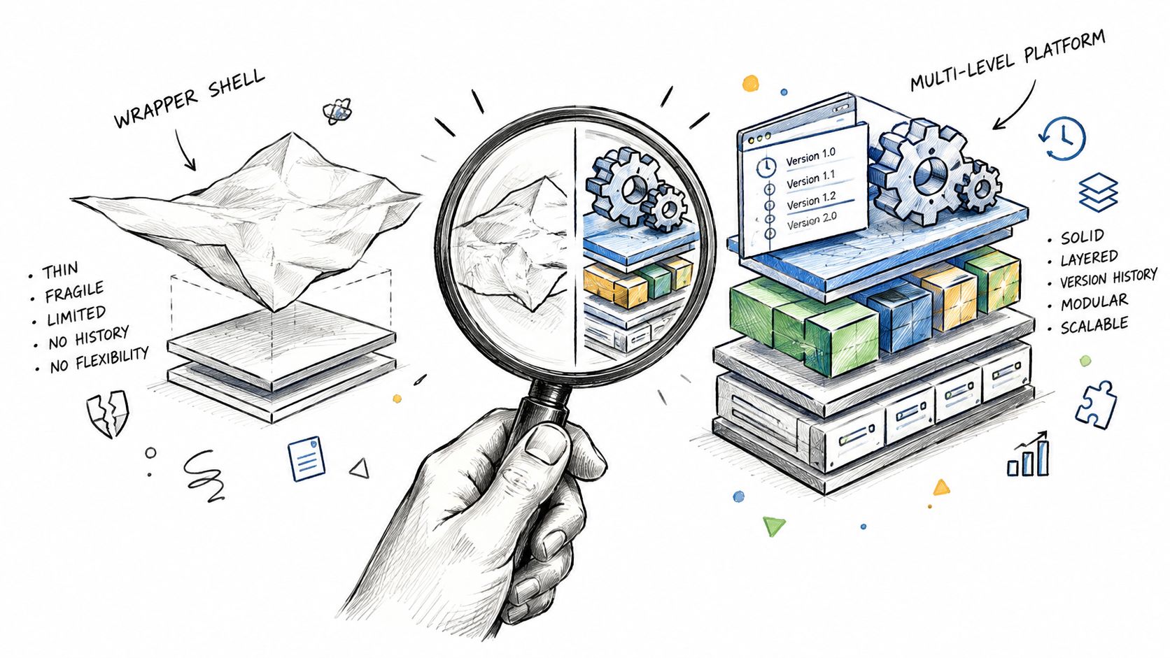 A hand holding a magnifying glass comparing a fragile wrapper shell to a robust multi-level platform.