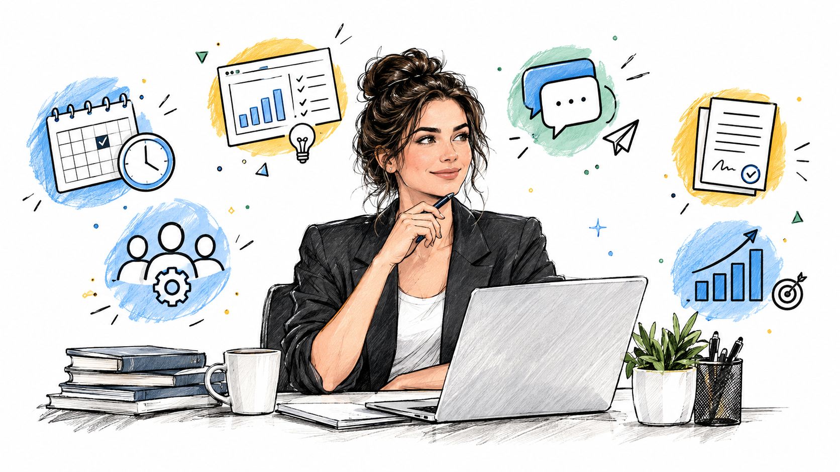 A professional woman working on a laptop at a desk surrounded by business-themed icons and doodles.