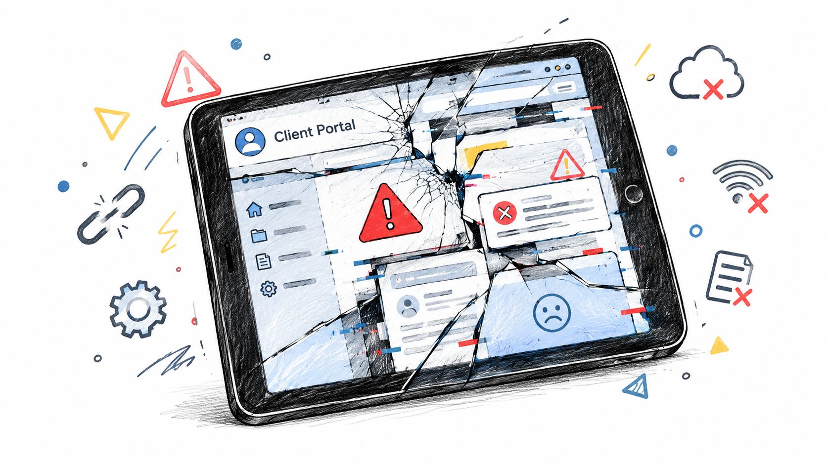 An illustration of a cracked tablet screen showing a broken client portal interface, symbolizing why white label portals fail.