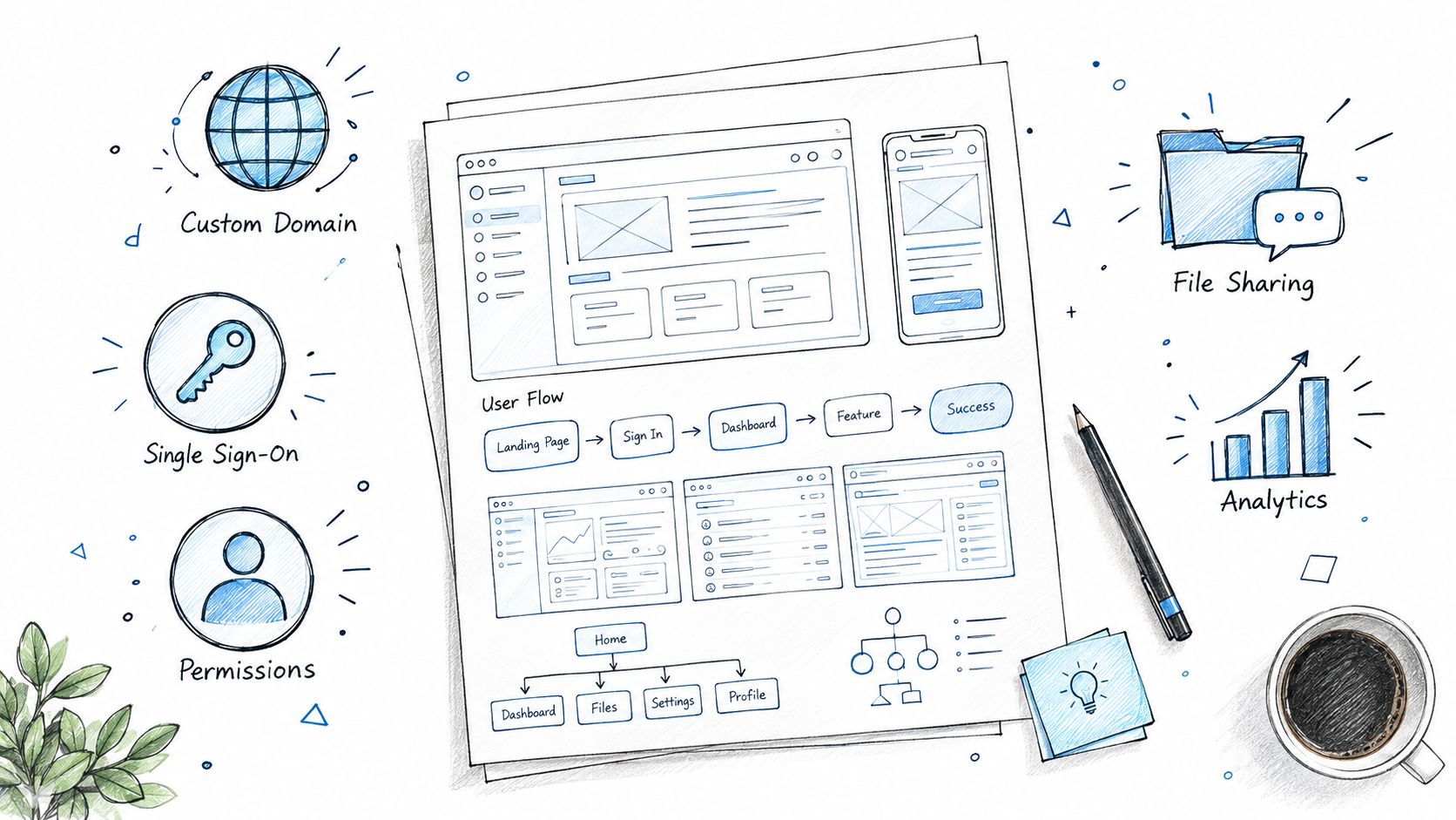An editorial sketch of a digital portal's blueprint, surrounded by icons for key features like security and collaboration.