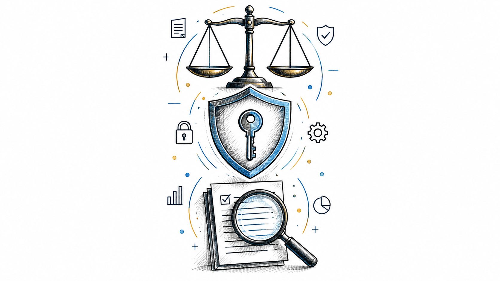 An editorial sketch illustrating three stacked layers of security: auditing, access control, and policy compliance.