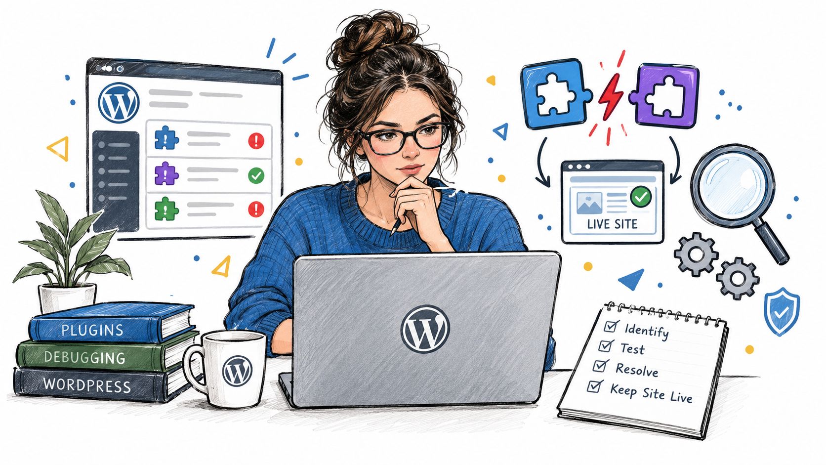 A woman working on a laptop surrounded by WordPress icons and troubleshooting tools for plugin conflicts.