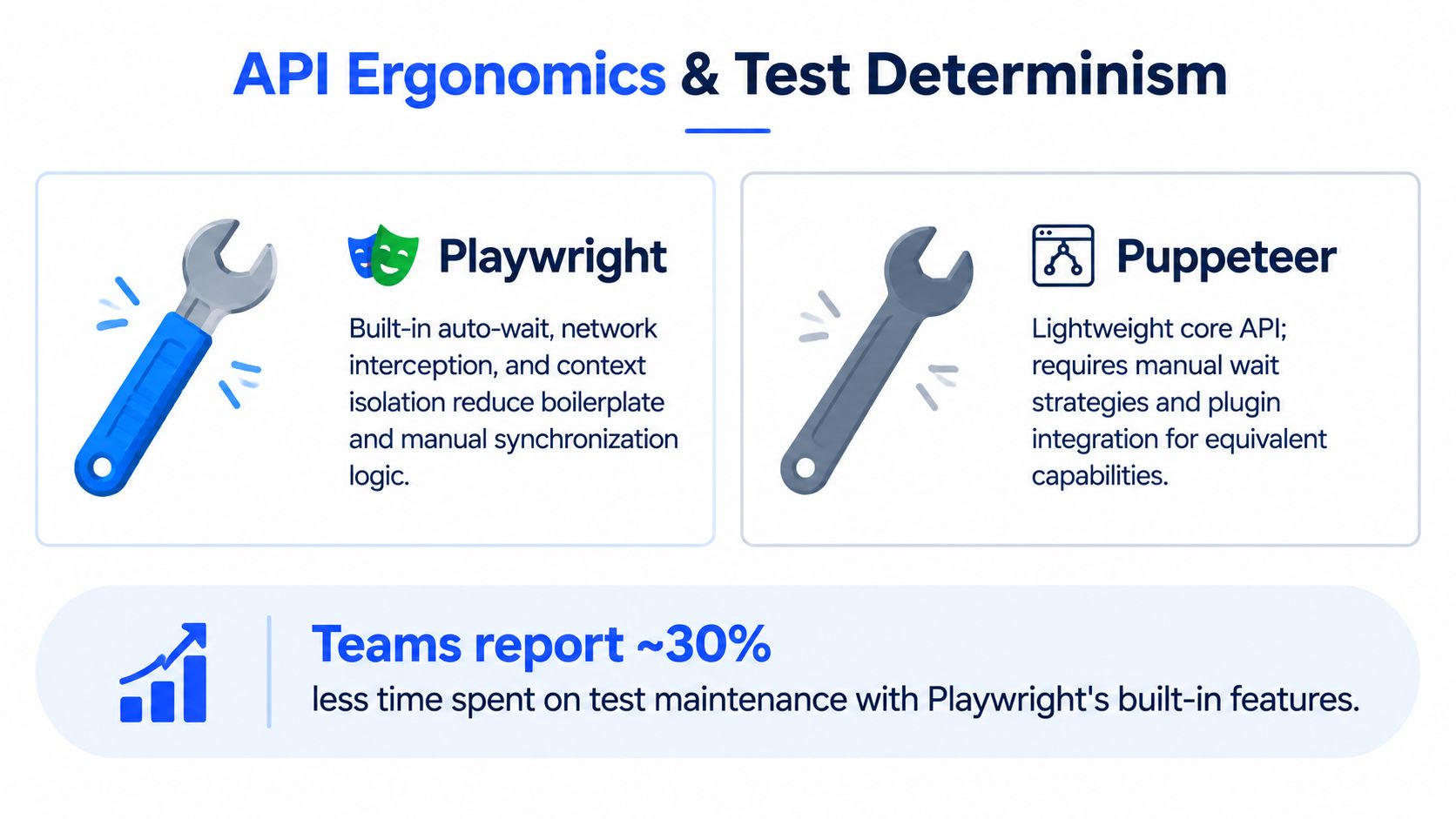A comparison chart highlighting Playwright and Puppeteer, focusing on API ergonomics and improved test determinism metrics.
