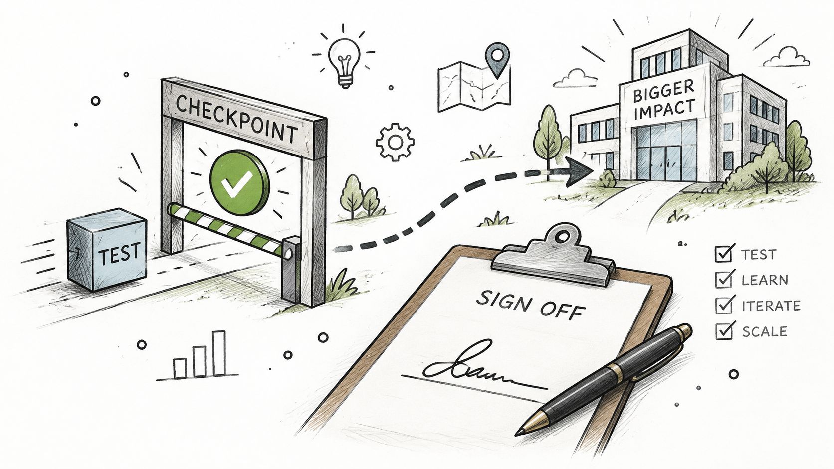 A hand-drawn illustration depicting a test checkpoint leading to a bigger impact building with a sign-off clipboard.