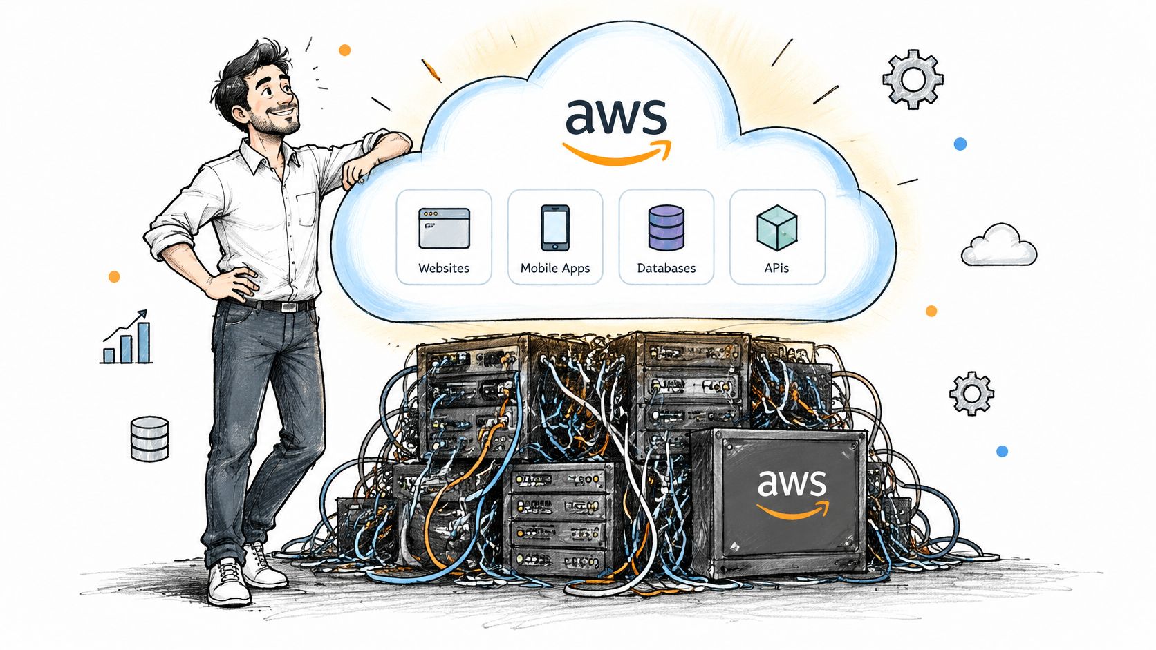 A person standing next to server racks underneath an AWS cloud icon displaying digital service icons.