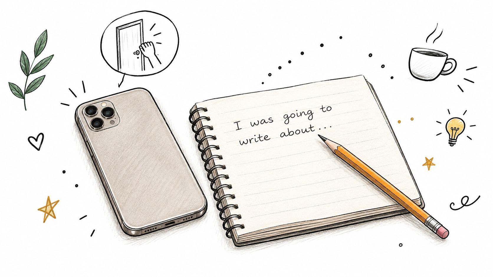 A smartphone, a notebook with the text I was going to write about, and a pencil.