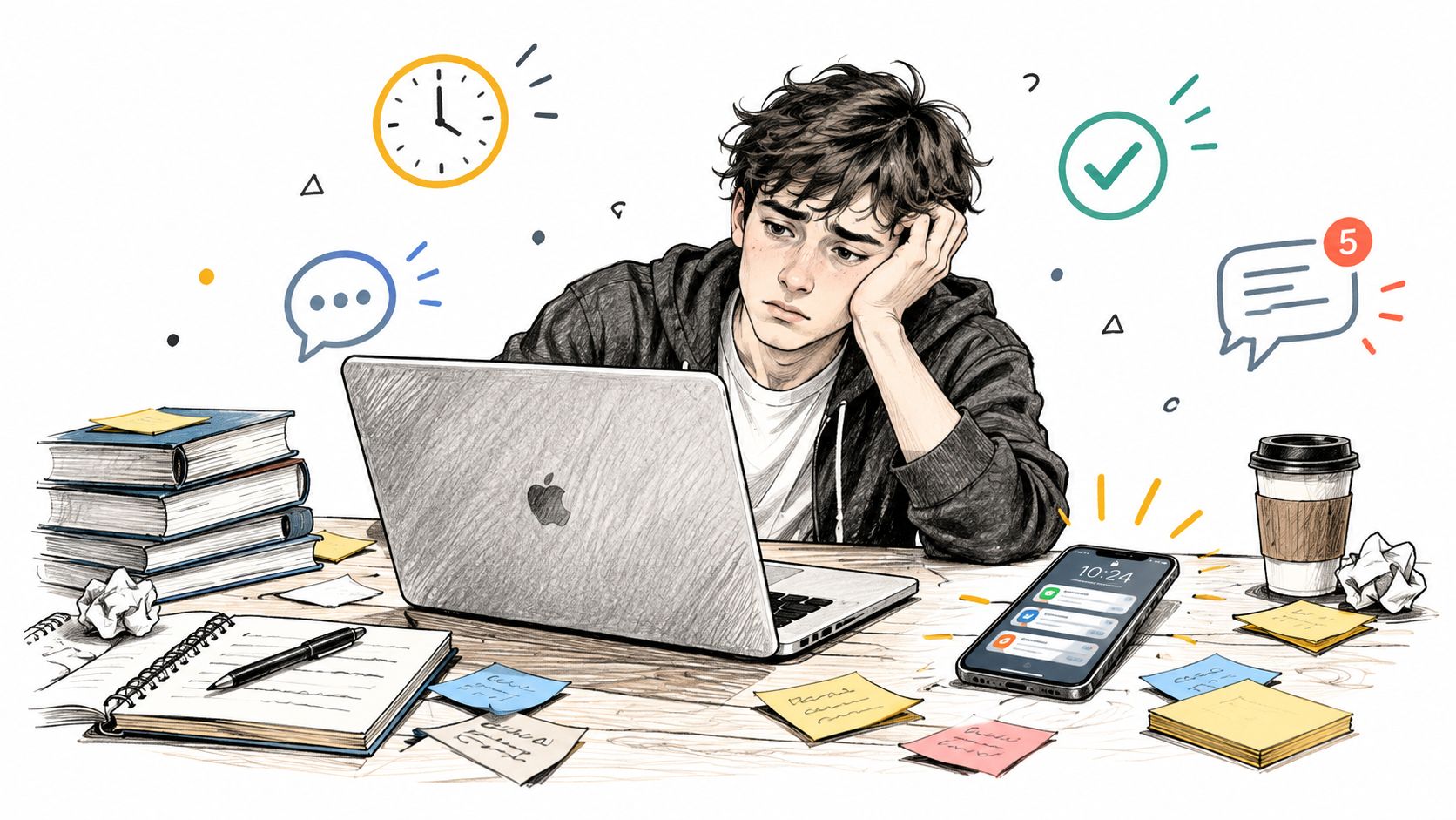 A student looking overwhelmed while working on a laptop at a desk cluttered with books and notes.