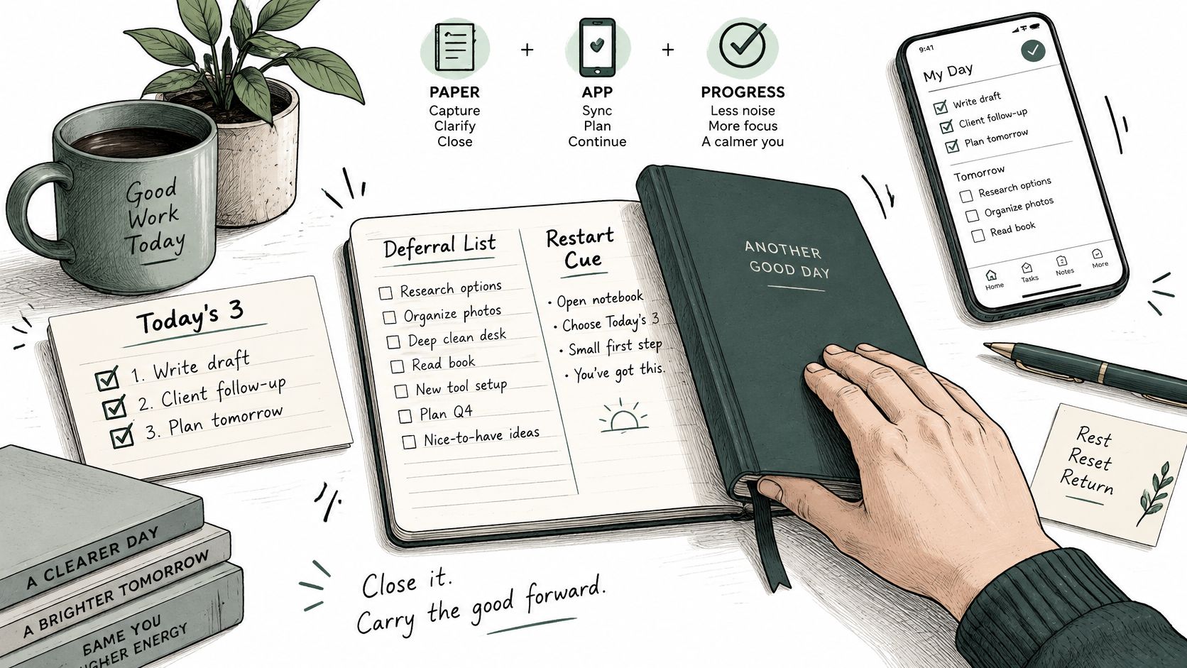 A flatlay illustration showing a notebook, a smartphone with a task list, and a morning planning ritual.
