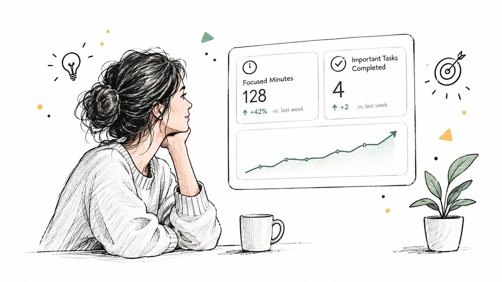 A woman looks at a productivity dashboard displaying focused minutes and completed tasks with positive growth trends.