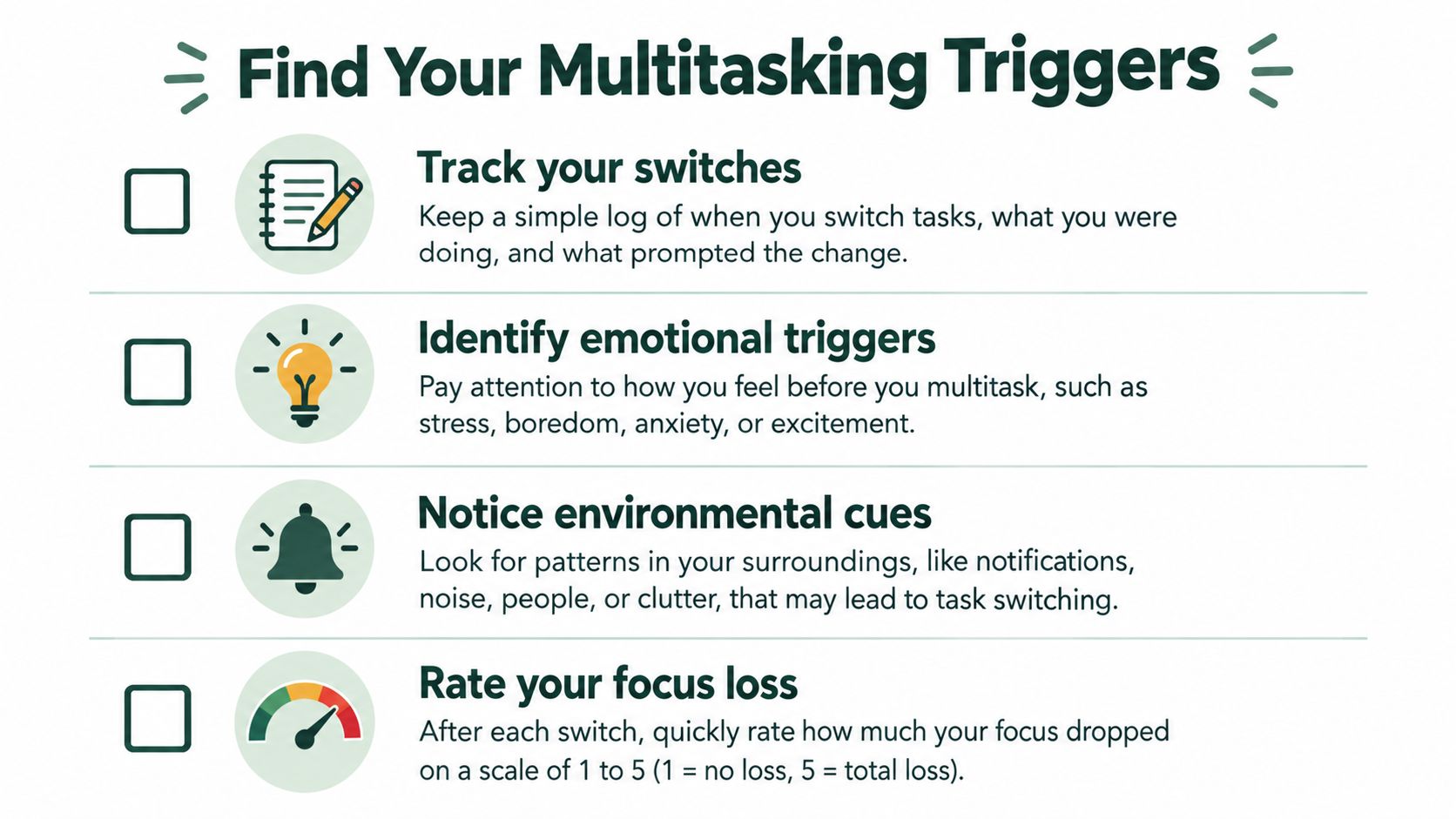 A checklist graphic titled Find Your Multitasking Triggers, outlining four steps to manage task switching effectively.